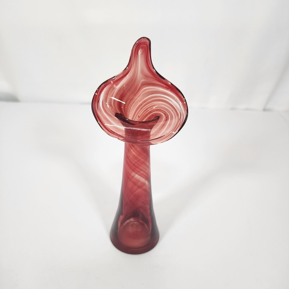 Vintage Hand Blown Cranberry Swirl Art Glass Jack in the Pulpit Bud Vase 8"